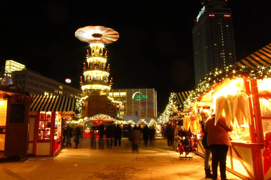 Christmas market in Alexanderplatz, featuring a large Christmas tower, called a Pyramide - Berlin 2010