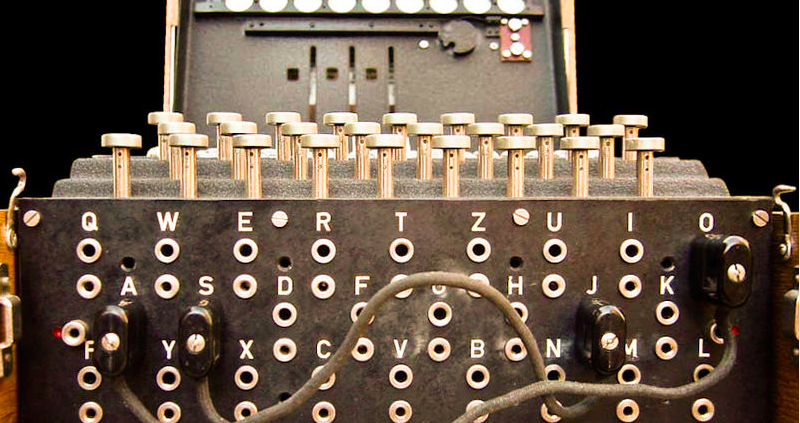 Macchina Enigma da Wikimedia ©Bob Lord CC3.0 https://commons.wikimedia.org/wiki/File:Enigma-plugboard.jpg