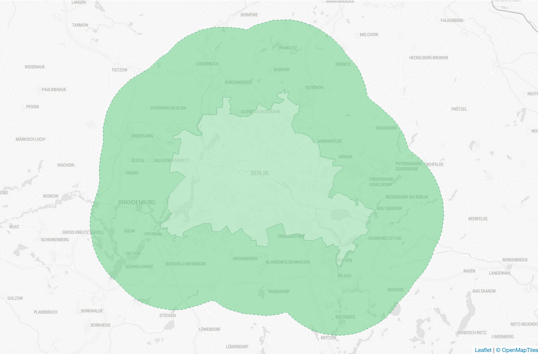 In verde scuro il limite di spostamento dalla città di Berlino