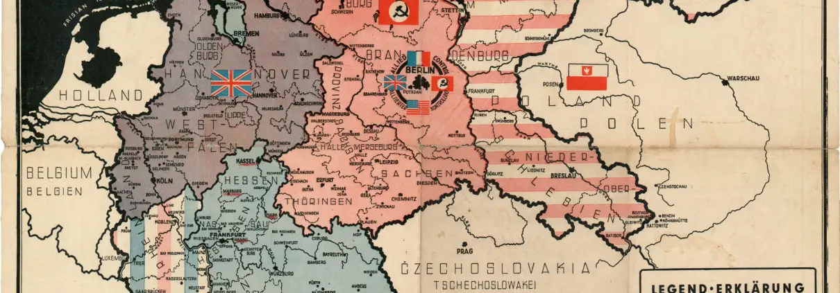 La mappa della Germania occupata nel 1945 di David Rumsey da https://www.davidrumsey.com/luna/servlet/detail/RUMSEY~8~1~277734~90050753:Germany--Map-of-the-Occupation-Area?qvq=w4s:/who%2FAtlanta%2BMap%2F;lc:RUMSEY~8~1&mi=1&trs=2