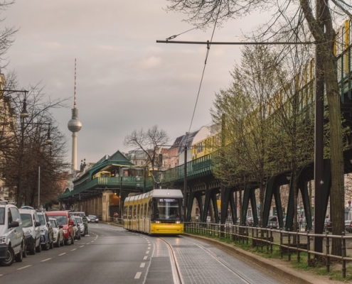 BVG A tram drives trough Prenzlauerberg in Berlin, Germany