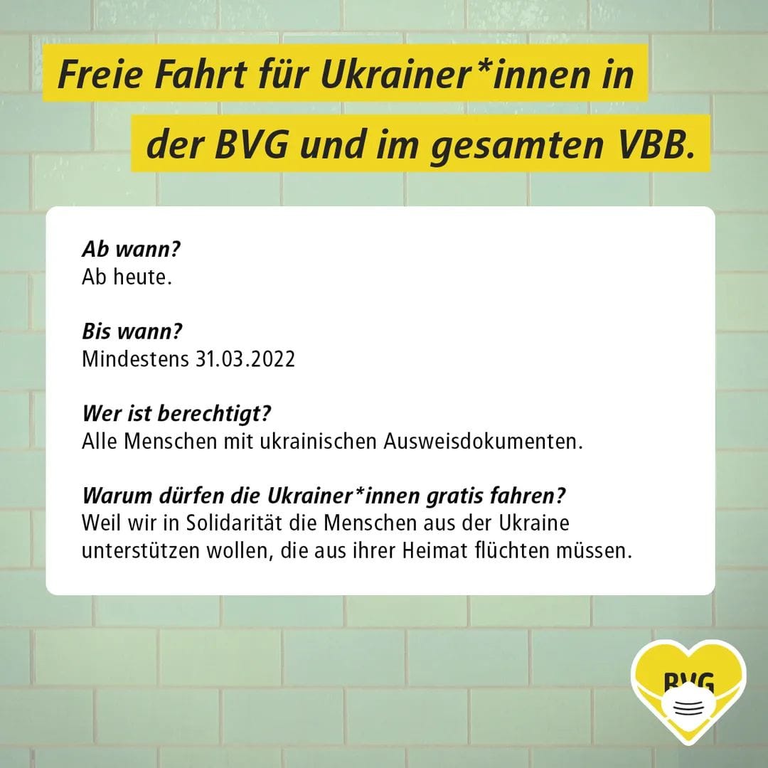 Il comunicato della Bvg che permette ai rifugiati ucraini di viaggiare gratis