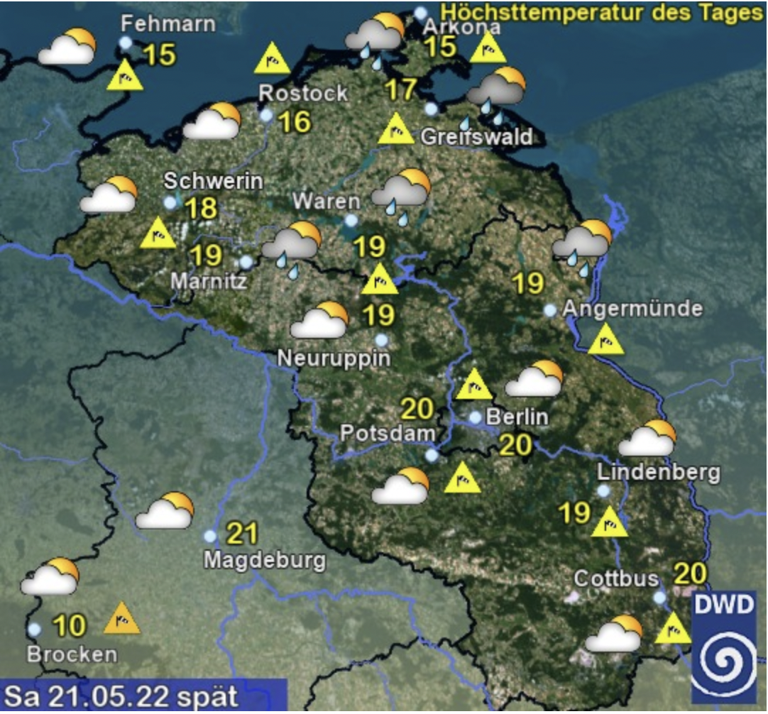Previsioni per il 21 maggio 2022 ©DWD https://www.dwd.de/DE/wetter/wetterundklima_vorort/berlin-brandenburg/bbb_node.html